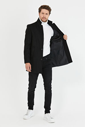 Mero Life Erkek Siyah Slim Fit Dik Yaka Yün Karışımlı Kaşe Kaban